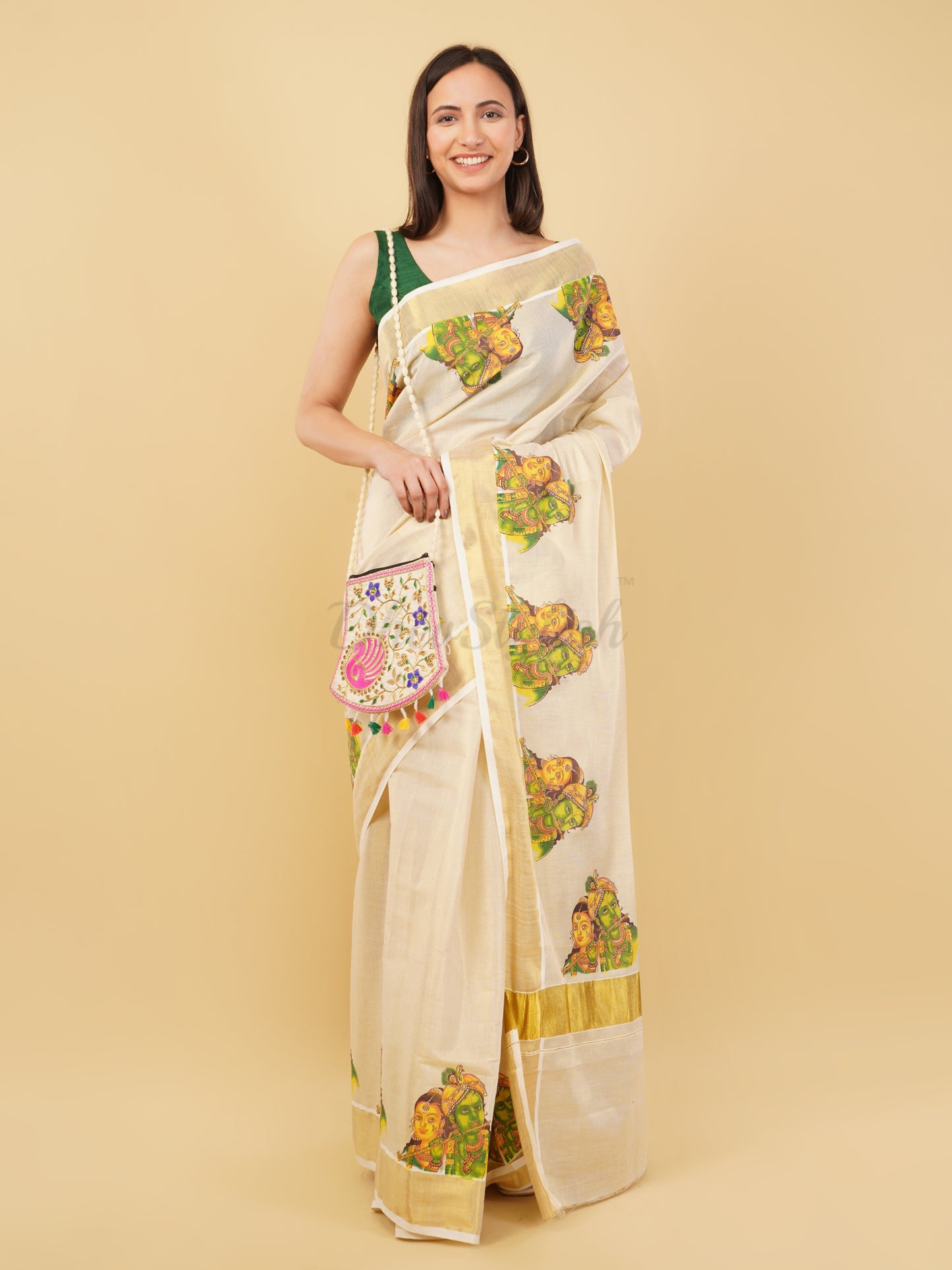 DhevStylish Kerala Kasavu Golden Tissue with Ratha Krishna Design Print Saree with Running Blouse | Tissue Saree For Women | Green, Gold