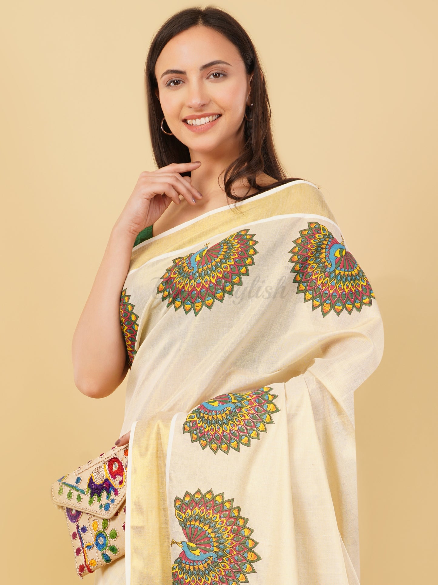 DhevStylish Kerala Kasavu Golden Tissue with Fancy Peacock Design Print Saree with Running Blouse | Tissue Saree For Women | Blue, Green, Red