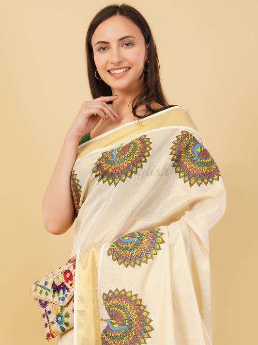 DhevStylish Kerala Kasavu Golden Tissue with Fancy Peacock Design Print Saree with Running Blouse | Tissue Saree For Women | Blue, Green, Red