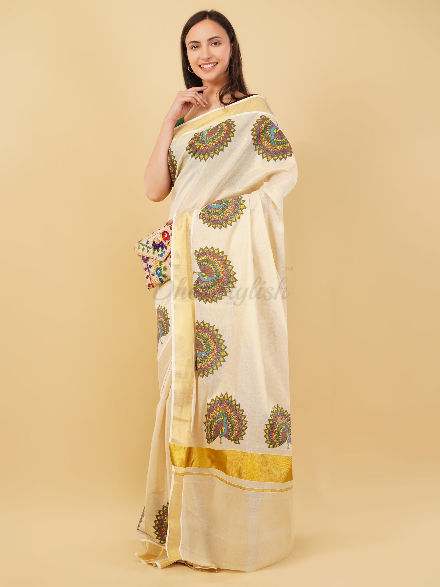 DhevStylish Kerala Kasavu Golden Tissue with Fancy Peacock Design Print Saree with Running Blouse | Tissue Saree For Women | Blue, Green, Red