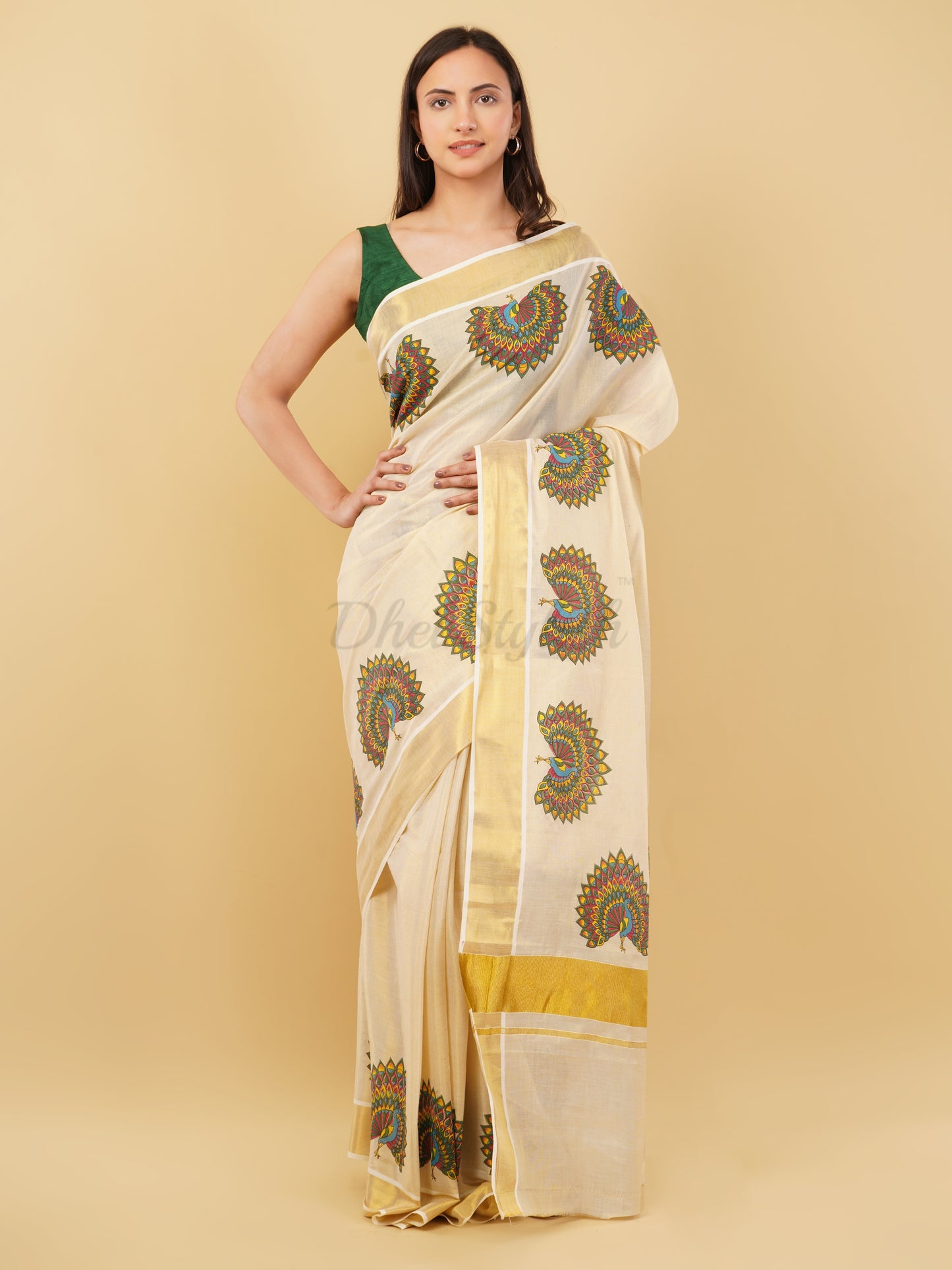 DhevStylish Kerala Kasavu Golden Tissue with Fancy Peacock Design Print Saree with Running Blouse | Tissue Saree For Women | Blue, Green, Red