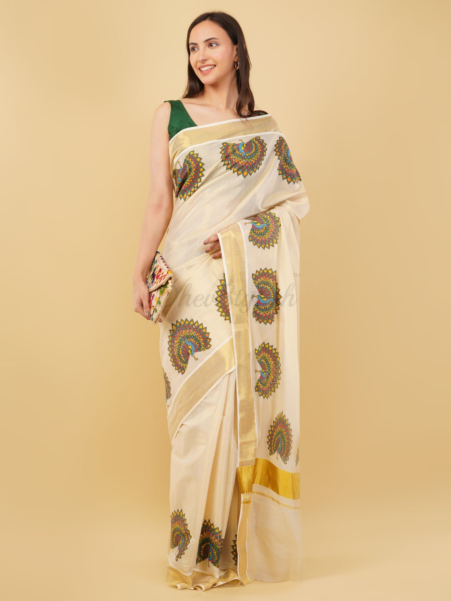 DhevStylish Kerala Kasavu Golden Tissue with Fancy Peacock Design Print Saree with Running Blouse | Tissue Saree For Women | Blue, Green, Red