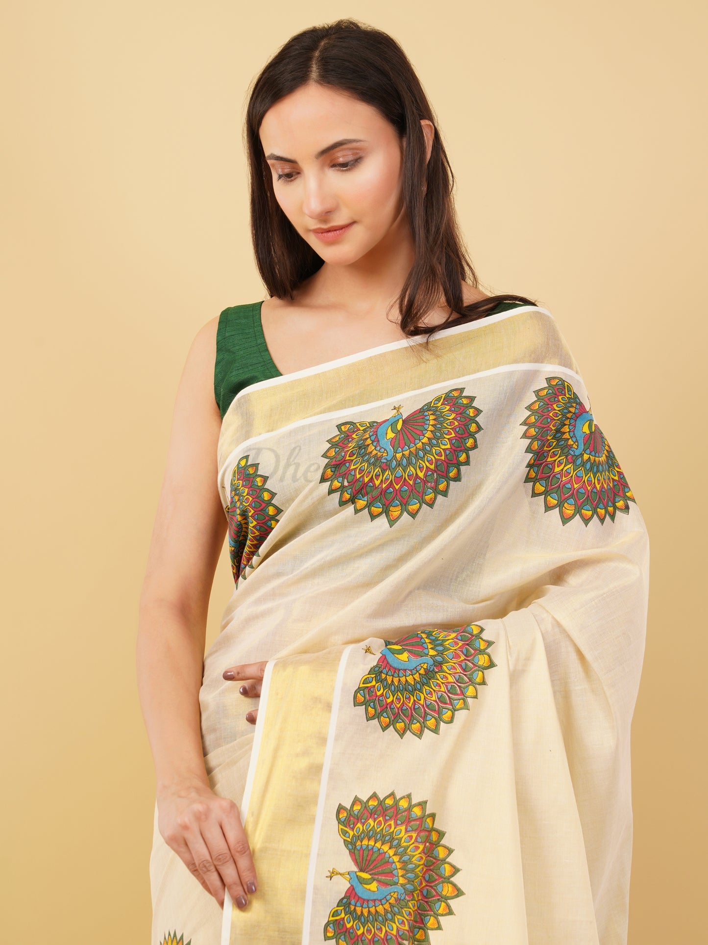 DhevStylish Kerala Kasavu Golden Tissue with Fancy Peacock Design Print Saree with Running Blouse | Tissue Saree For Women | Blue, Green, Red