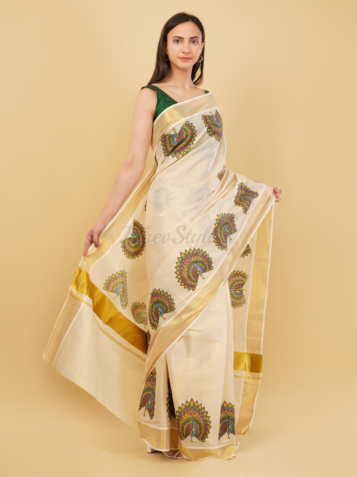 DhevStylish Kerala Kasavu Golden Tissue with Fancy Peacock Design Print Saree with Running Blouse | Tissue Saree For Women | Blue, Green, Red