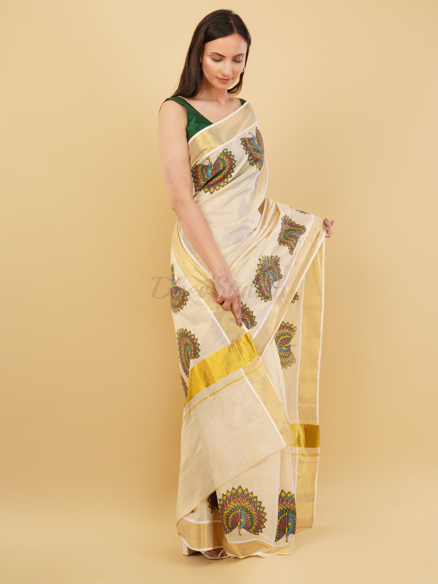 DhevStylish Kerala Kasavu Golden Tissue with Fancy Peacock Design Print Saree with Running Blouse | Tissue Saree For Women | Blue, Green, Red