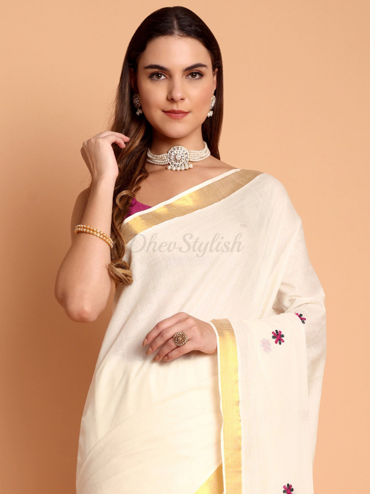 DhevStylish Womens Kasavu Fancy Peacock Embroidery Design Saree with Running Blouse | Saree length: 6.25 Meter (Pink, Bottle Green, Gold, White)