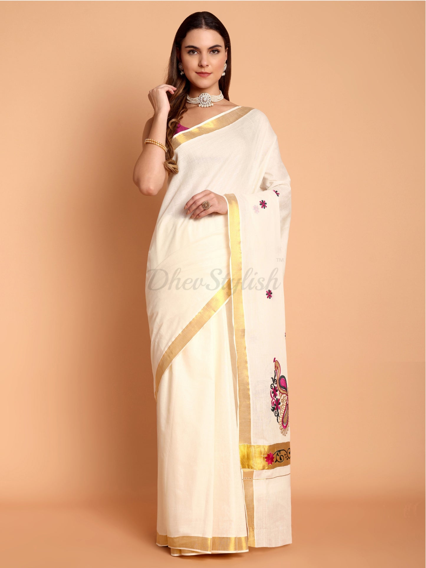 DhevStylish Womens Kasavu Fancy Peacock Embroidery Design Saree with Running Blouse | Saree length: 6.25 Meter (Pink, Bottle Green, Gold, White)