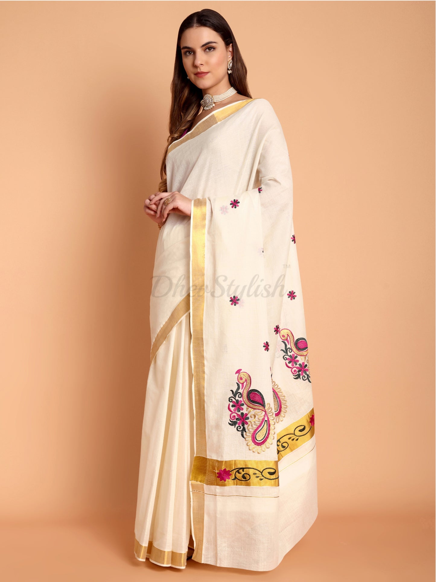 DhevStylish Womens Kasavu Fancy Peacock Embroidery Design Saree with Running Blouse | Saree length: 6.25 Meter (Pink, Bottle Green, Gold, White)
