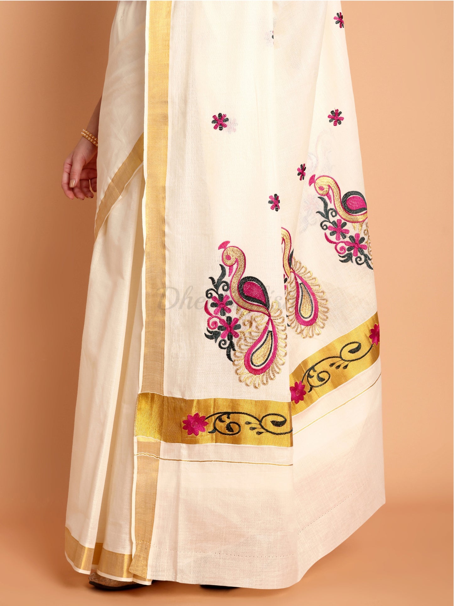 DhevStylish Womens Kasavu Fancy Peacock Embroidery Design Saree with Running Blouse | Saree length: 6.25 Meter (Pink, Bottle Green, Gold, White)