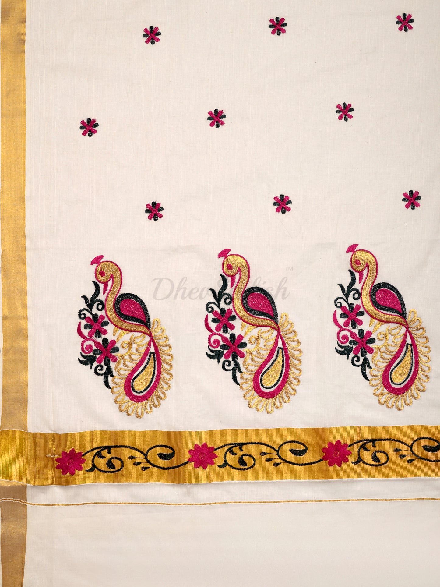 DhevStylish Womens Kasavu Fancy Peacock Embroidery Design Saree with Running Blouse | Saree length: 6.25 Meter (Pink, Bottle Green, Gold, White)