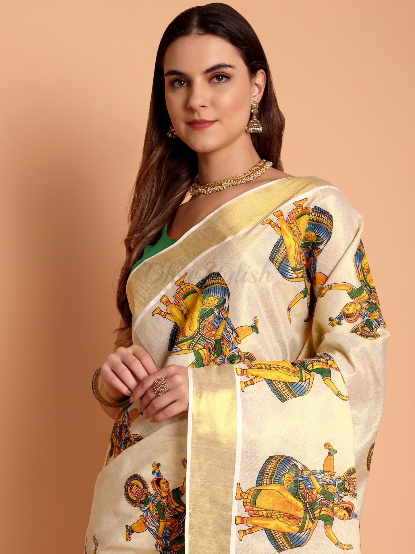 DhevStylish Kerala Kasavu Golden Tissue with Kathakali Print Saree with Running Blouse | Green, Golden Yellow
