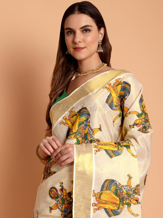 DhevStylish Kerala Kasavu Golden Tissue with Kathakali Print Saree with Running Blouse | Green, Golden Yellow