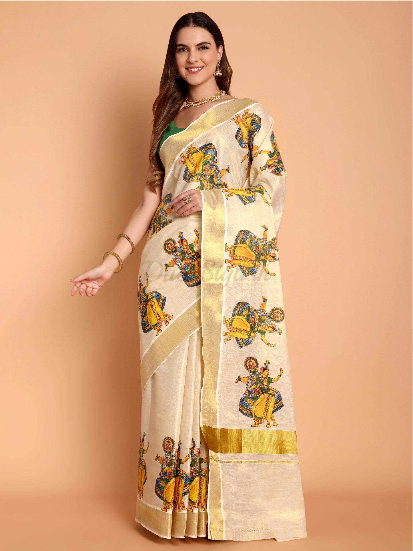 DhevStylish Kerala Kasavu Golden Tissue with Kathakali Print Saree with Running Blouse | Green, Golden Yellow