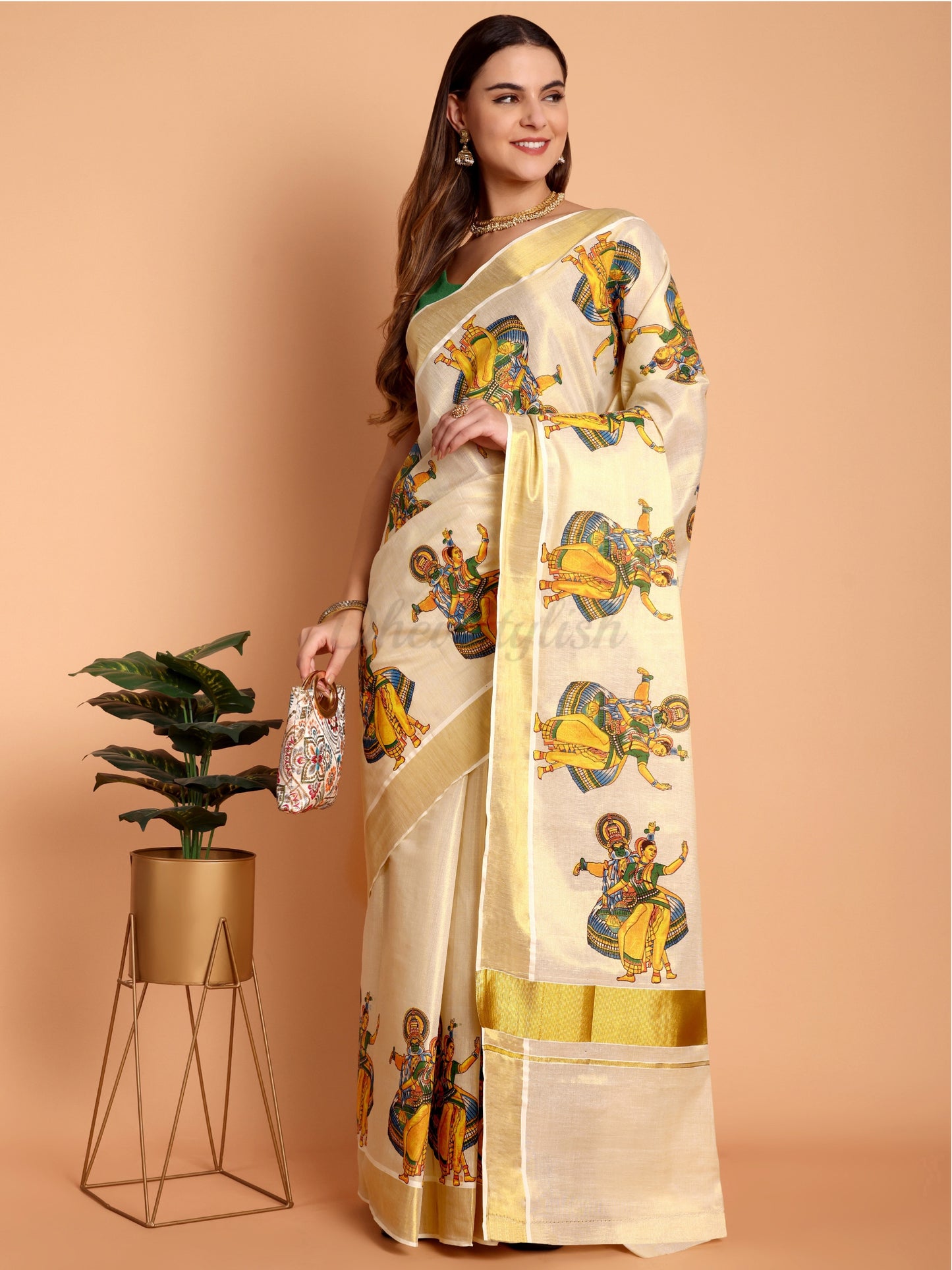 DhevStylish Kerala Kasavu Golden Tissue with Kathakali Print Saree with Running Blouse | Green, Golden Yellow