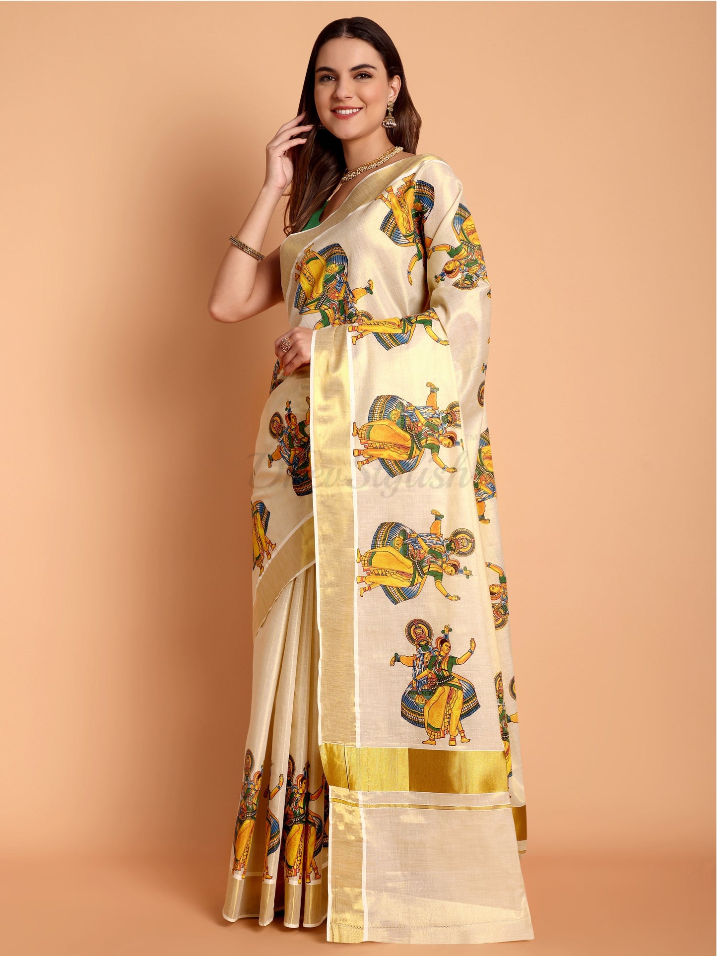 DhevStylish Kerala Kasavu Golden Tissue with Kathakali Print Saree with Running Blouse | Green, Golden Yellow