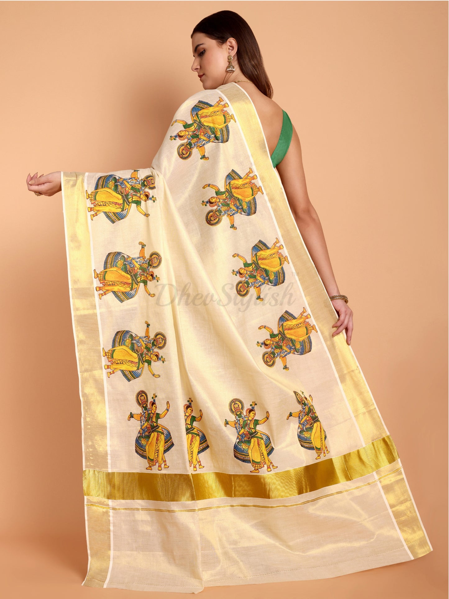 DhevStylish Kerala Kasavu Golden Tissue with Kathakali Print Saree with Running Blouse | Green, Golden Yellow