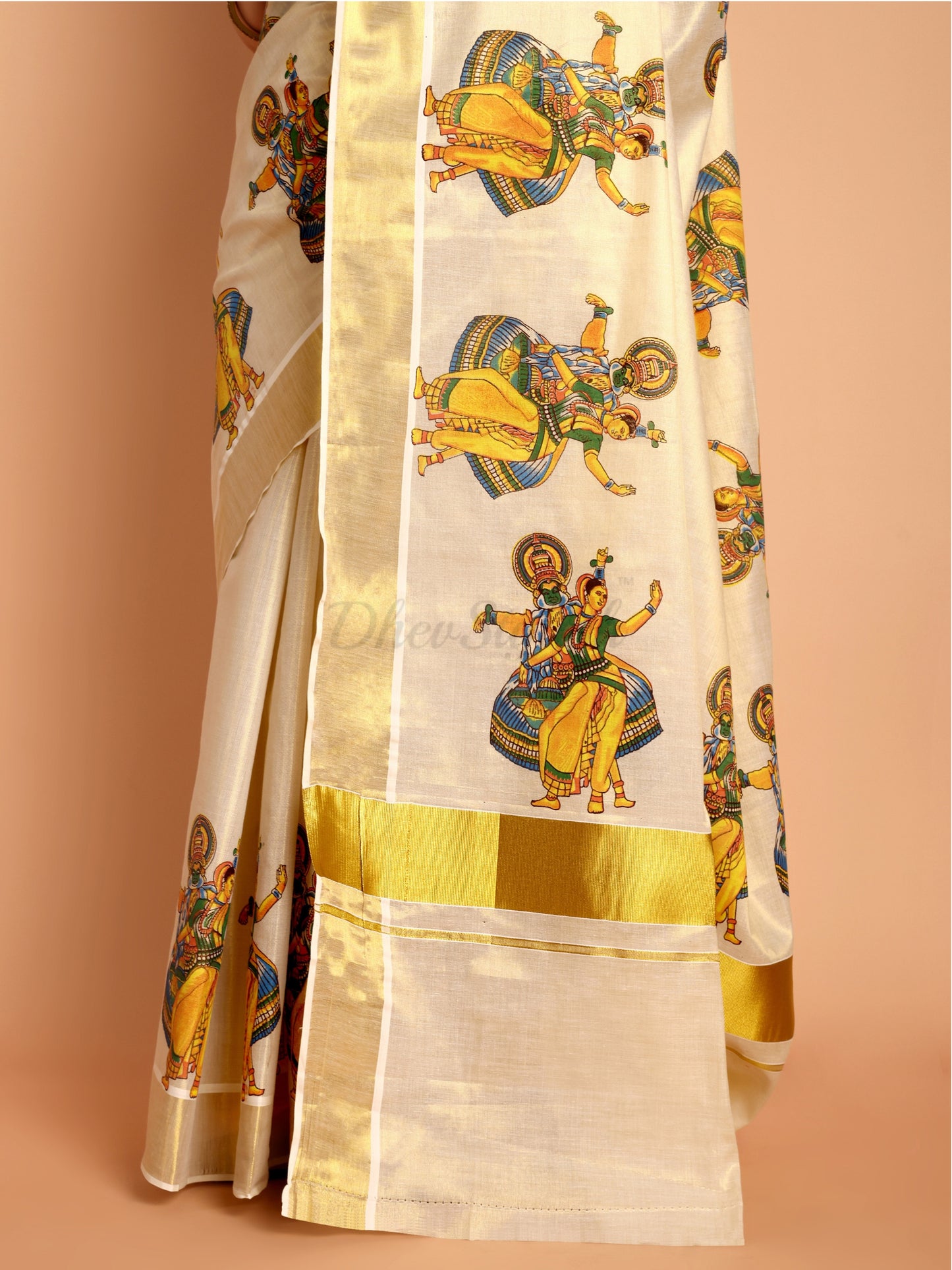 DhevStylish Kerala Kasavu Golden Tissue with Kathakali Print Saree with Running Blouse | Green, Golden Yellow