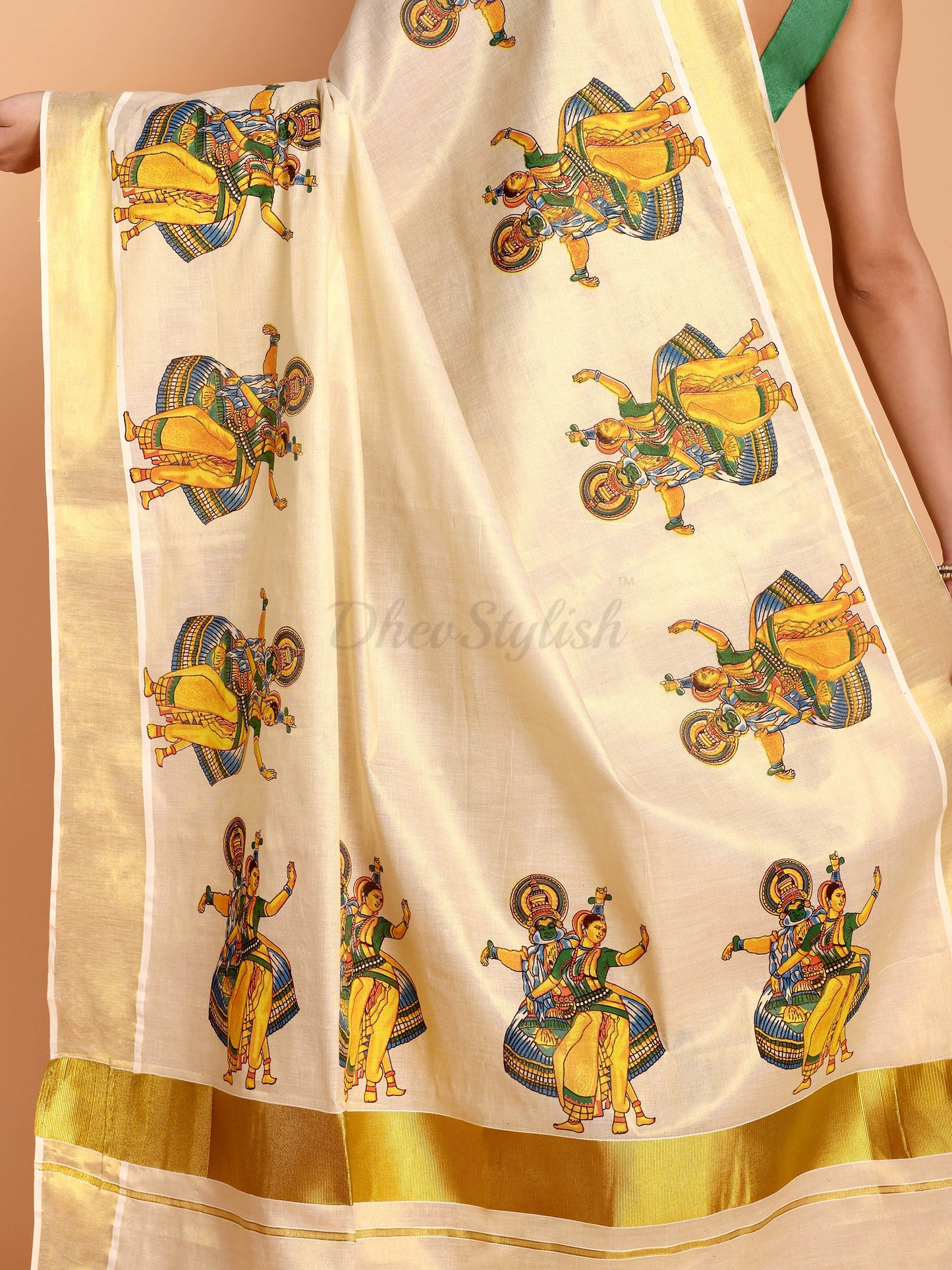 DhevStylish Kerala Kasavu Golden Tissue with Kathakali Print Saree with Running Blouse | Green, Golden Yellow