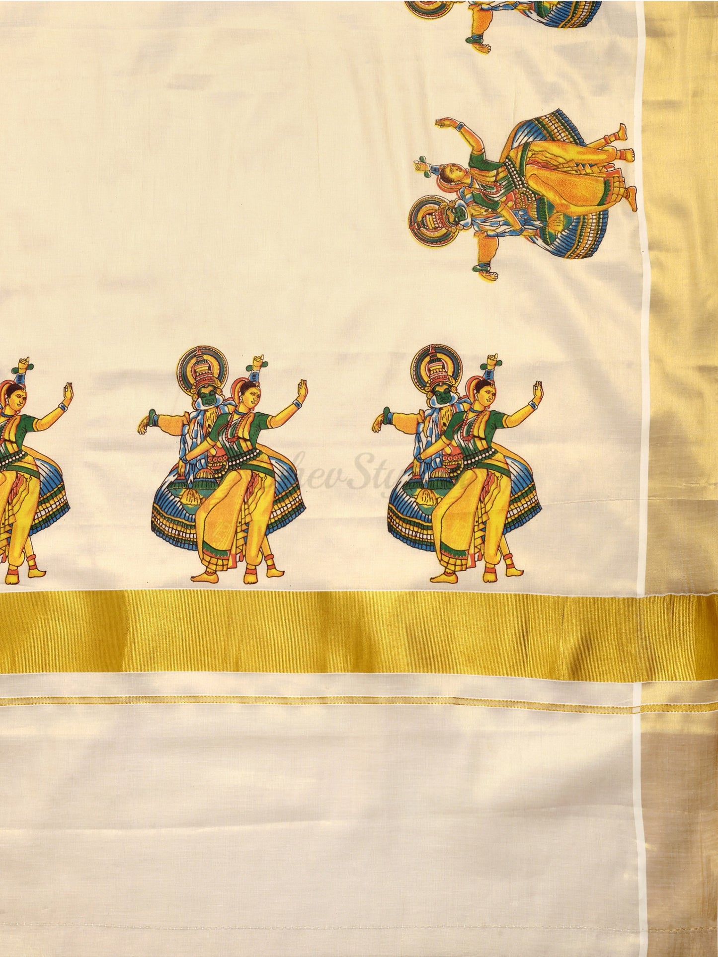 DhevStylish Kerala Kasavu Golden Tissue with Kathakali Print Saree with Running Blouse | Green, Golden Yellow