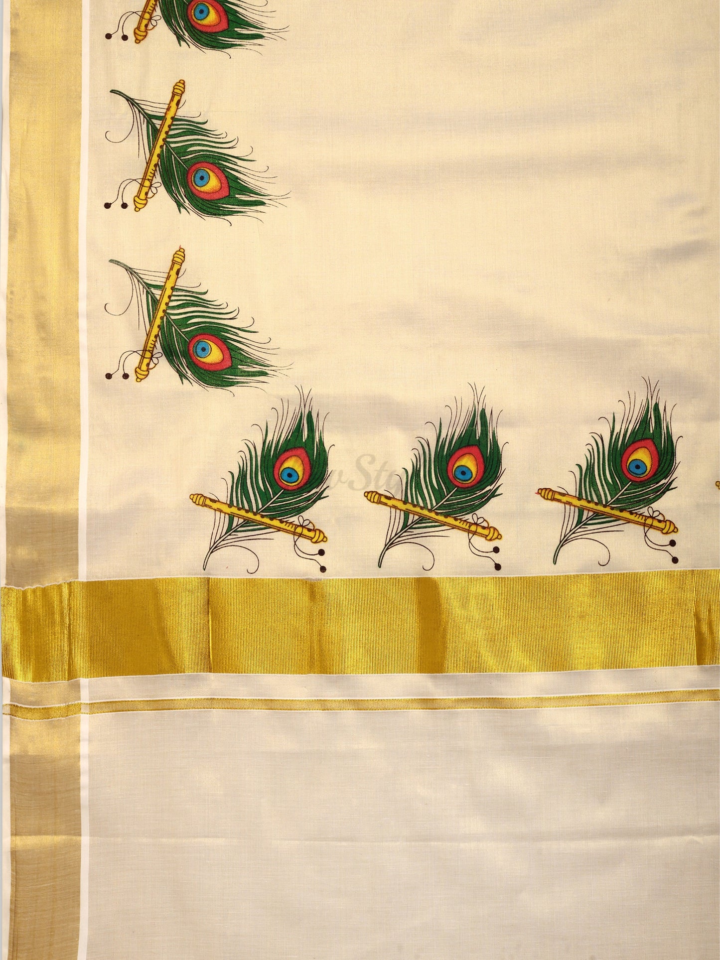 DhevStylish Kerala Kasavu Golden Tissue with Peacock Feather Print Saree with Running Blouse | Green, Red