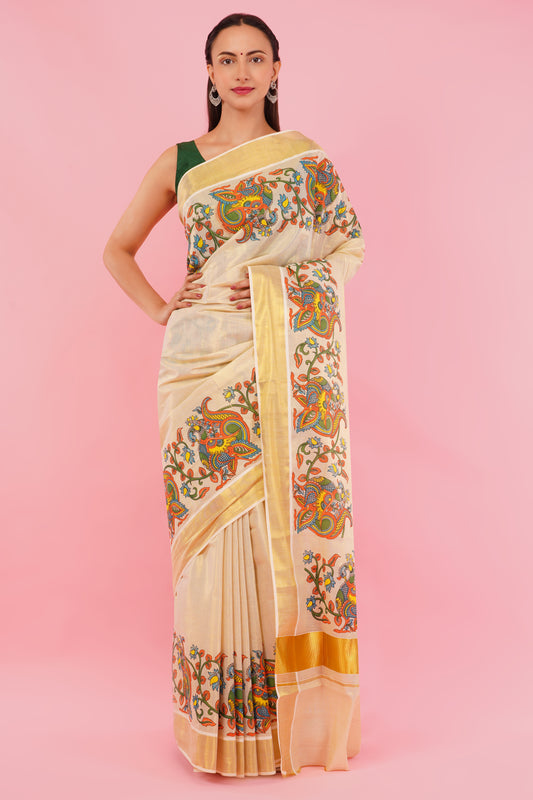 DhevStylish Kerala Kasavu Golden Tissue with Climber Dragon Print Design Saree with Running Blouse | Green, Red (Red, Gold)
