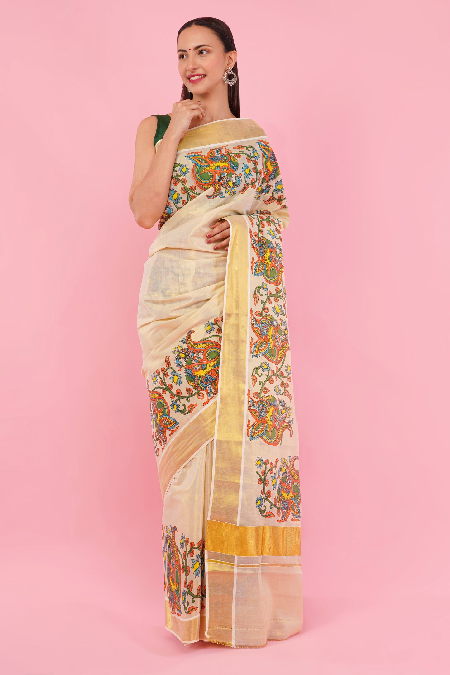 DhevStylish Kerala Kasavu Golden Tissue with Climber Dragon Print Design Saree with Running Blouse | Green, Red (Red, Gold)