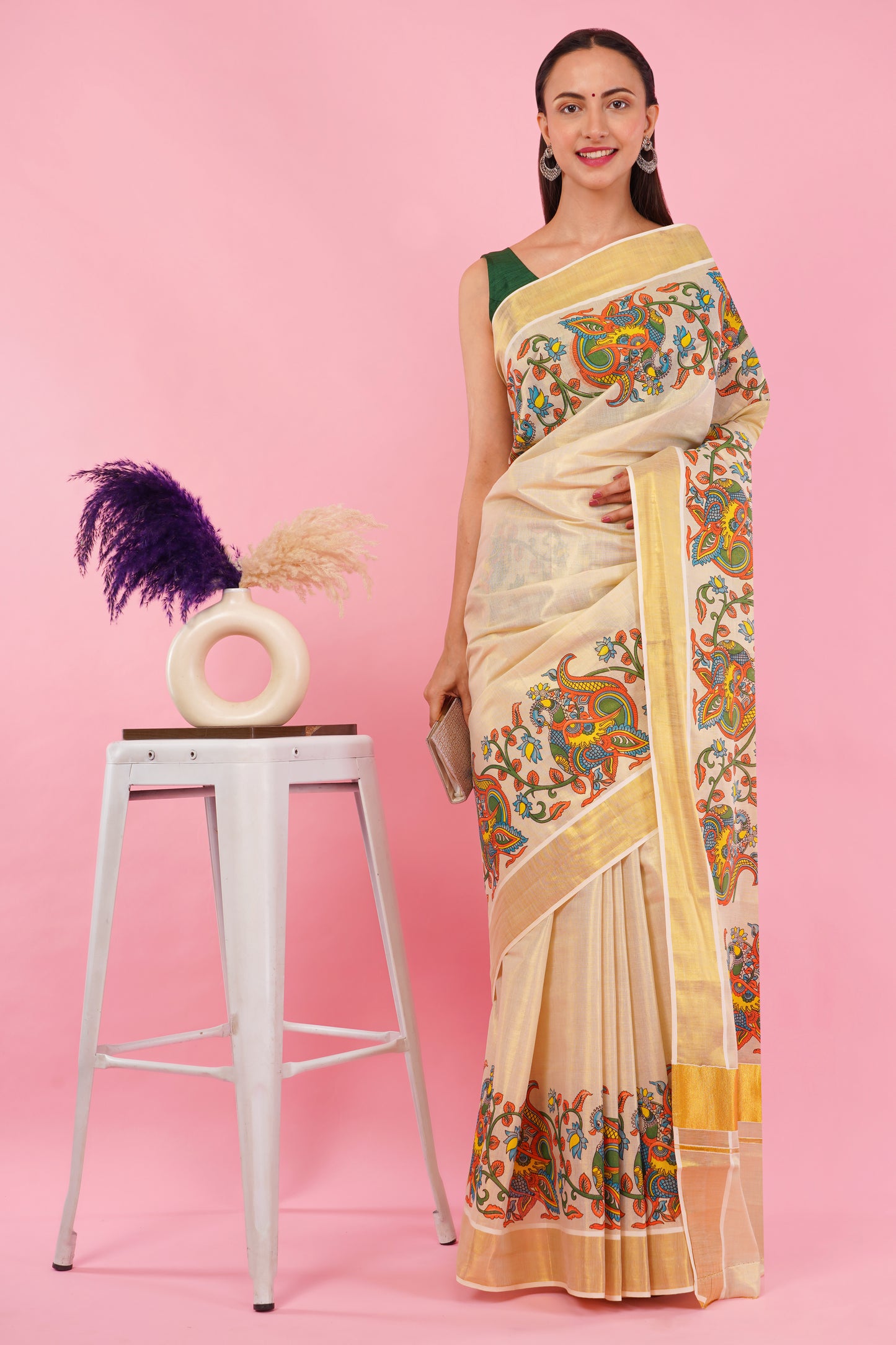 DhevStylish Kerala Kasavu Golden Tissue with Climber Dragon Print Design Saree with Running Blouse | Green, Red (Red, Gold)