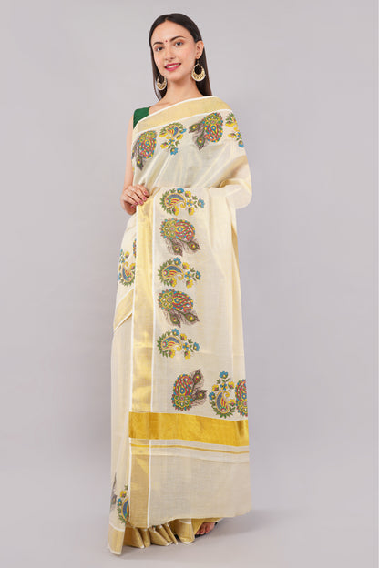 DhevStylish Kerala Kasavu Golden Tissue with Flower Design Print Saree with Running Blouse | Green, Gold