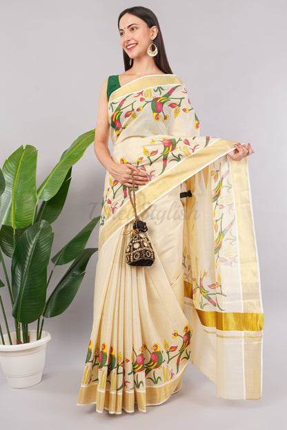 DhevStylish Kerala Kasavu Golden Tissue with Parrot Fancy Design Print Saree with Running Blouse | Green, Red (Blue, Green)