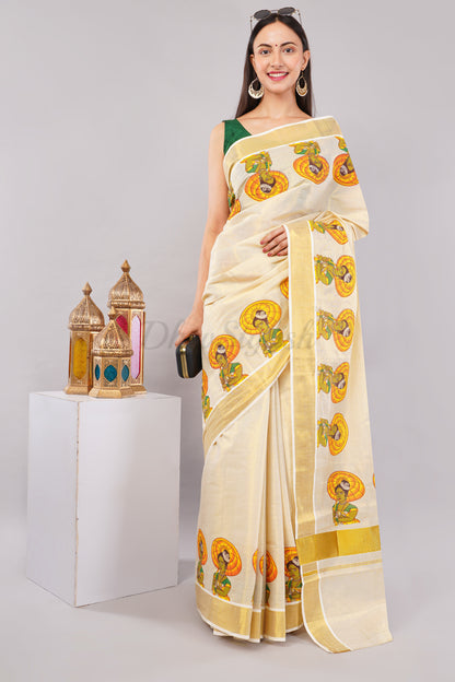 DhevStylish Kerala Kasavu Golden Tissue with Umberlla Women Design Print Saree with Running Blouse | Green, Red (Red, Green)