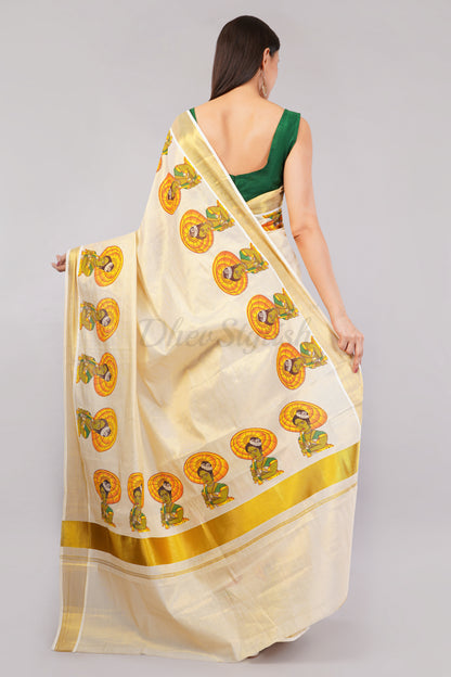 DhevStylish Kerala Kasavu Golden Tissue with Umberlla Women Design Print Saree with Running Blouse | Green, Red (Red, Green)
