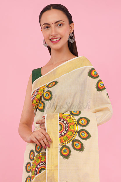 DhevStylish Kerala Kasavu Golden Tissue with Umbrella Peacock Feather Design Print Saree with Running Blouse | Green, Red (Light Blue, Green)
