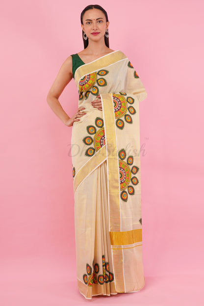 DhevStylish Kerala Kasavu Golden Tissue with Umbrella Peacock Feather Design Print Saree with Running Blouse | Green, Red (Light Blue, Green)
