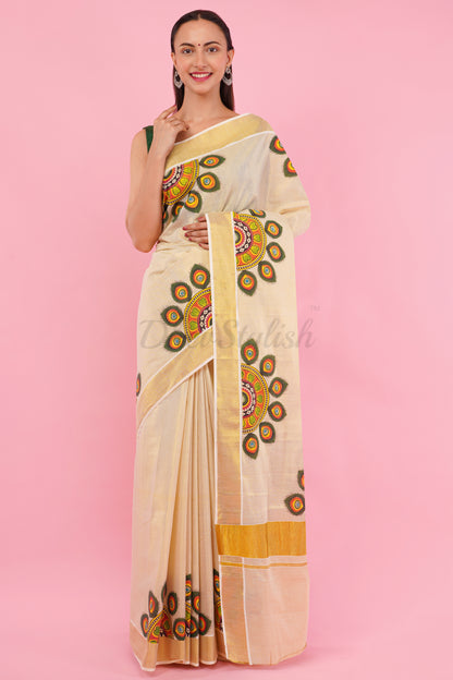 DhevStylish Kerala Kasavu Golden Tissue with Umbrella Peacock Feather Design Print Saree with Running Blouse | Green, Red (Light Blue, Green)