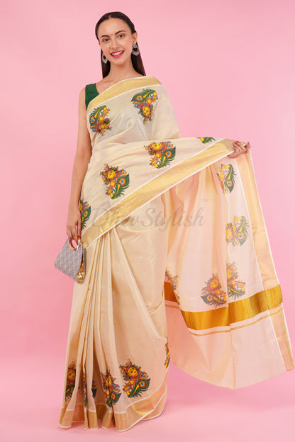 DhevStylish Kerala Kasavu Golden Tissue with Krishna Print Saree with Running Blouse
