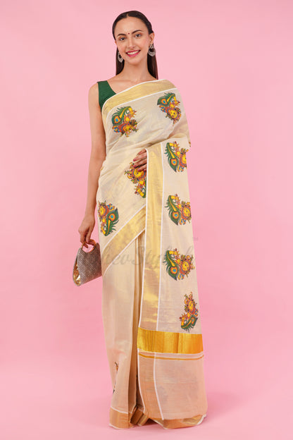 DhevStylish Kerala Kasavu Golden Tissue with Krishna Print Saree with Running Blouse