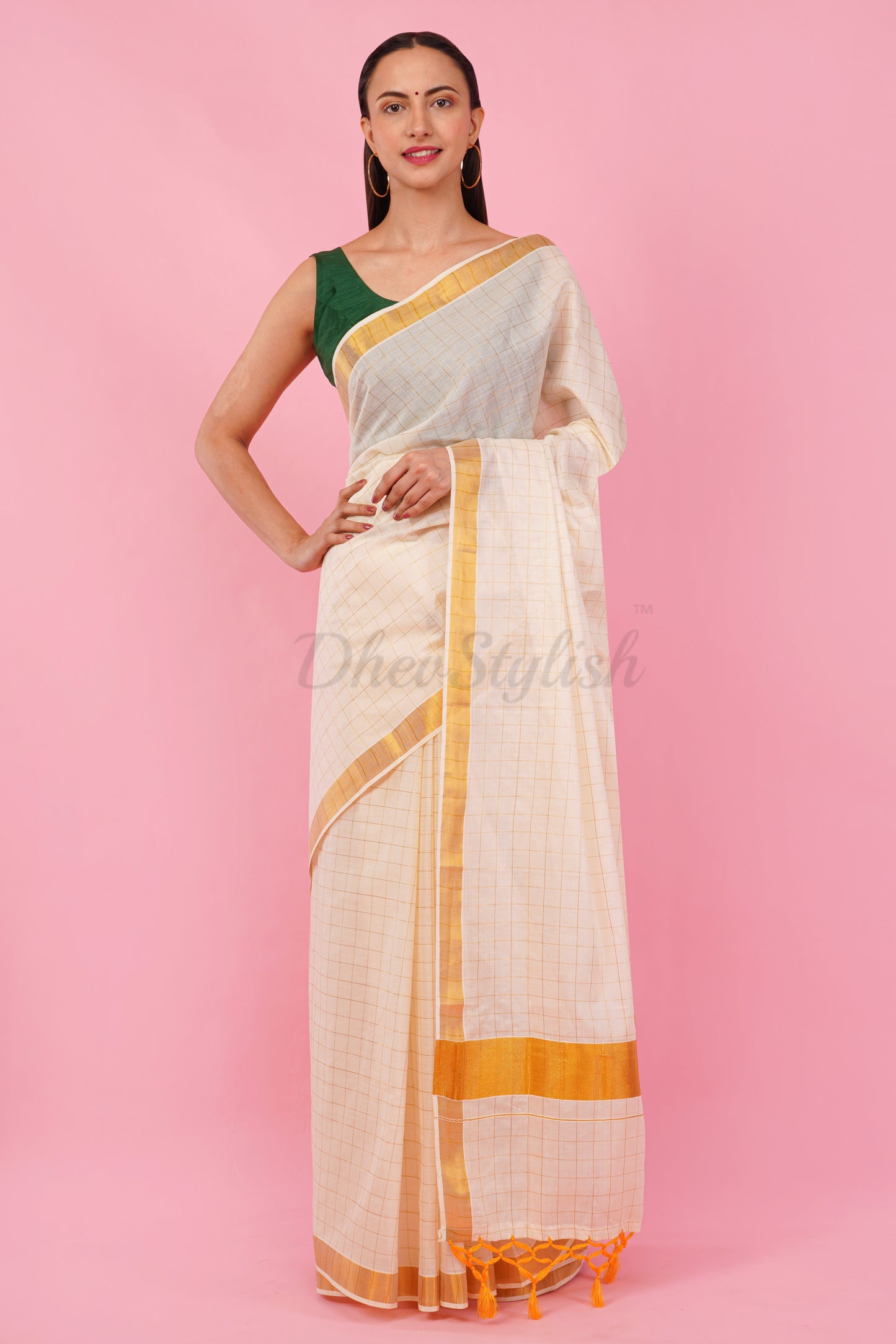 DhevStylish Womens Kerala Kasavu Golden Checked Plain Tassel saree with Running Blouse | Saree Length: 6.25 Meter | (GOLD, WHITE, RED)
