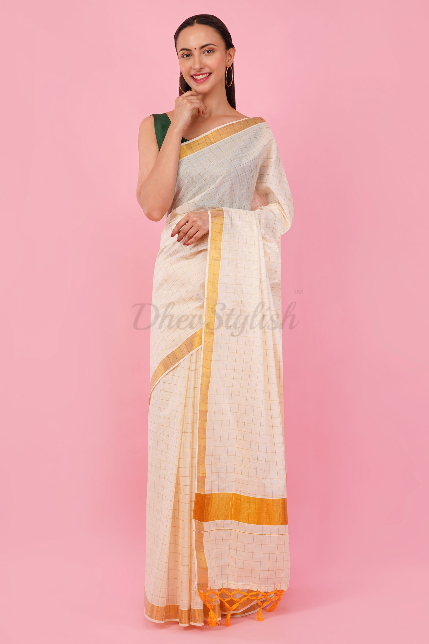 DhevStylish Womens Kerala Kasavu Golden Checked Plain Tassel saree with Running Blouse | Saree Length: 6.25 Meter | (GOLD, WHITE, RED)