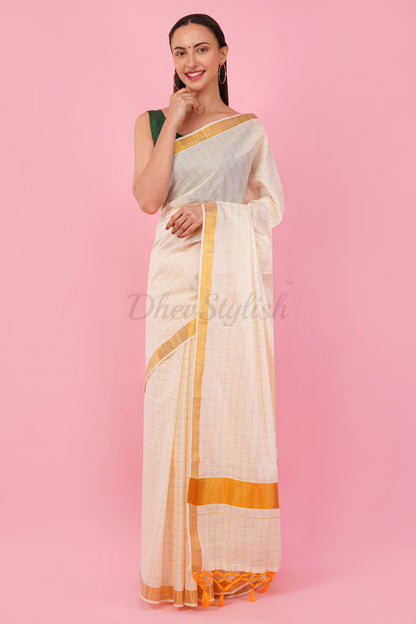 DhevStylish Womens Kerala Kasavu Golden Checked Plain Tassel saree with Running Blouse | Saree Length: 6.25 Meter | (GOLD, WHITE, RED)