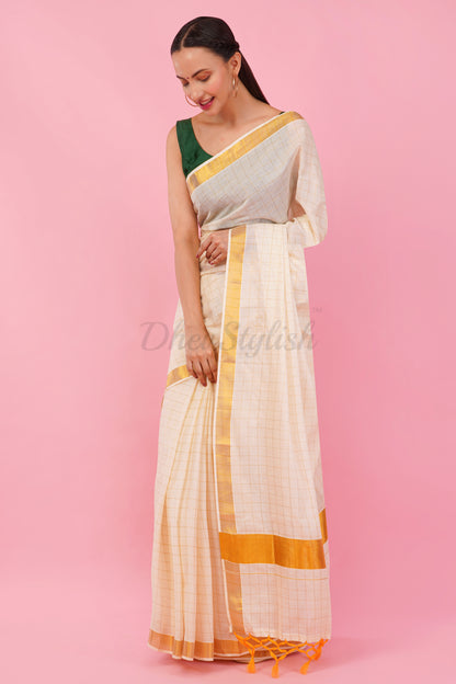 DhevStylish Womens Kerala Kasavu Golden Checked Plain Tassel saree with Running Blouse | Saree Length: 6.25 Meter | (GOLD, WHITE, RED)