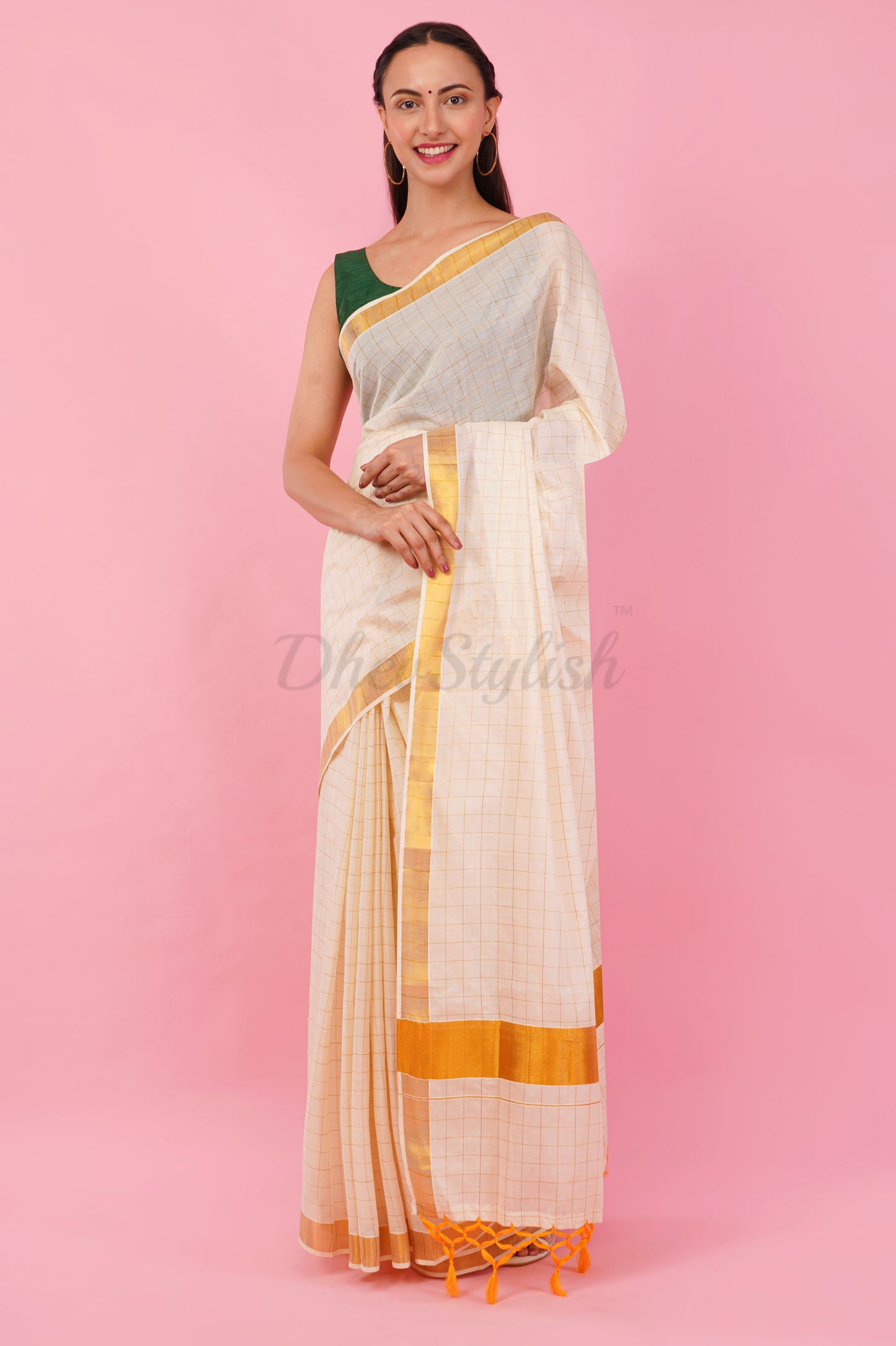 DhevStylish Womens Kerala Kasavu Golden Checked Plain Tassel saree with Running Blouse | Saree Length: 6.25 Meter | (GOLD, WHITE, RED)