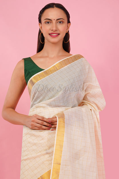 DhevStylish Womens Kerala Kasavu Golden Checked Plain Tassel saree with Running Blouse | Saree Length: 6.25 Meter | (GOLD, WHITE, RED)
