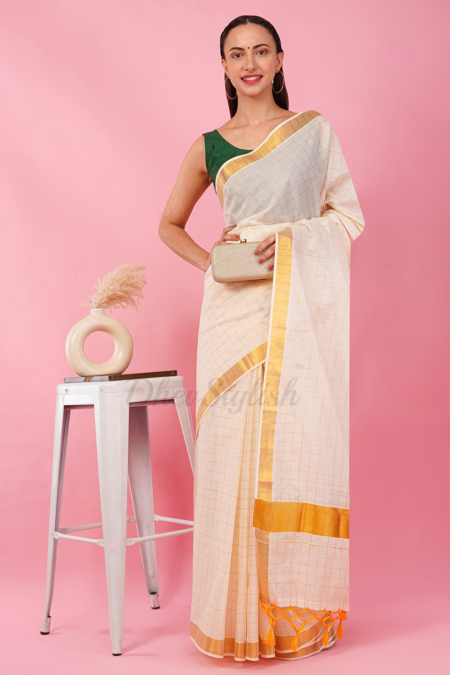 DhevStylish Womens Kerala Kasavu Golden Checked Plain Tassel saree with Running Blouse | Saree Length: 6.25 Meter | (GOLD, WHITE, RED)