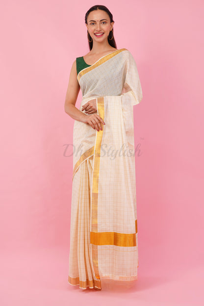 DhevStylish Womens Kerala Golden Checked Plain saree with Running Blouse only