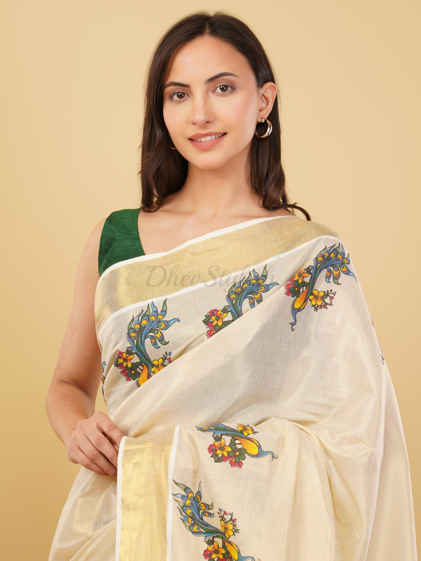 DhevStylish Kerala Kasavu Golden Tissue with Fancy Peacock Design Print Saree with Running Blouse | Tissue Saree For Women | Blue, Green, Red