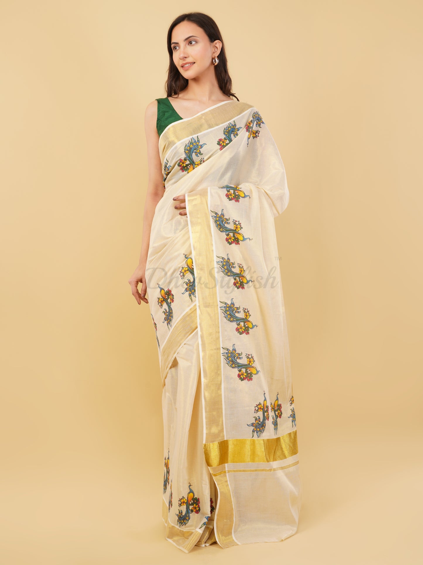 DhevStylish Kerala Kasavu Golden Tissue with Fancy Peacock Design Print Saree with Running Blouse | Tissue Saree For Women | Blue, Green, Red
