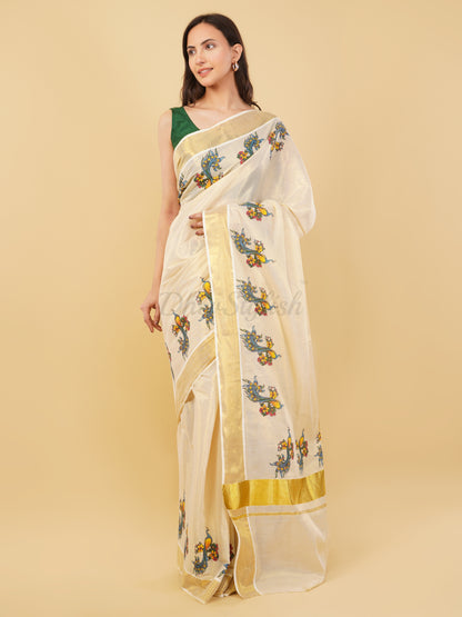 DhevStylish Kerala Kasavu Golden Tissue with Fancy Peacock Design Print Saree with Running Blouse | Tissue Saree For Women | Blue, Green, Red