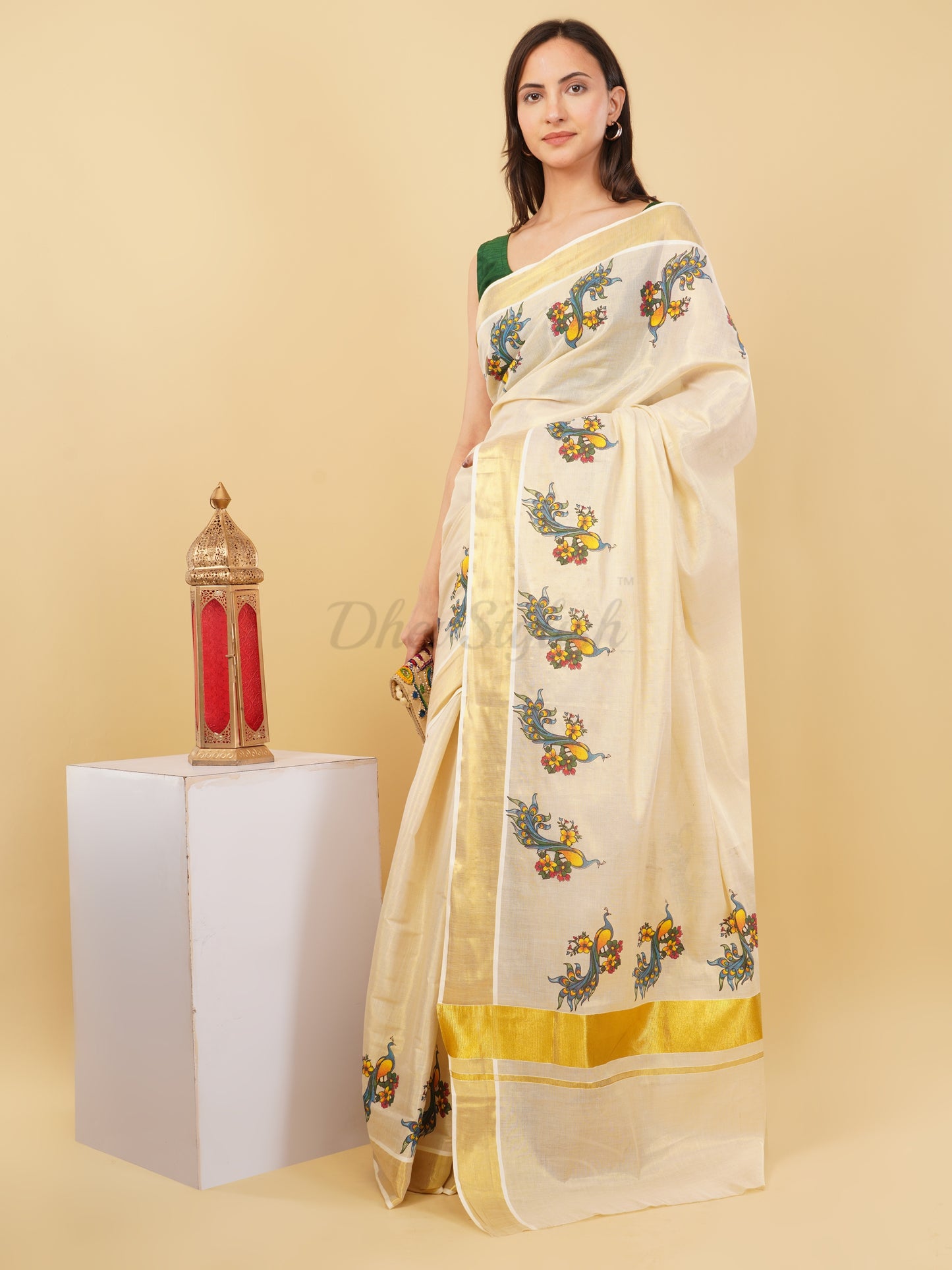 DhevStylish Kerala Kasavu Golden Tissue with Fancy Peacock Design Print Saree with Running Blouse | Tissue Saree For Women | Blue, Green, Red