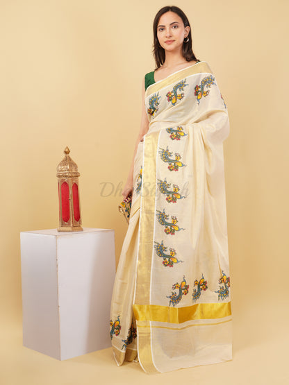 DhevStylish Kerala Kasavu Golden Tissue with Fancy Peacock Design Print Saree with Running Blouse | Tissue Saree For Women | Blue, Green, Red