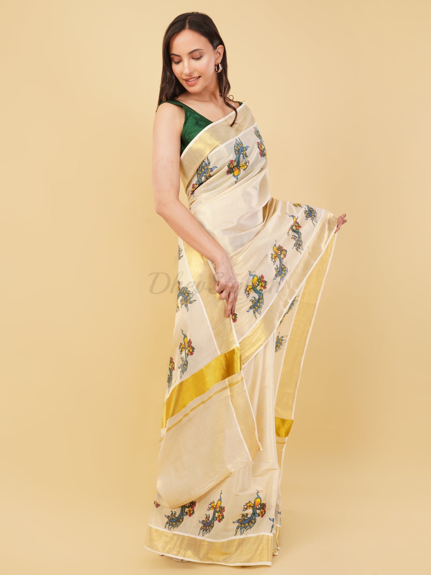 DhevStylish Kerala Kasavu Golden Tissue with Fancy Peacock Design Print Saree with Running Blouse | Tissue Saree For Women | Blue, Green, Red